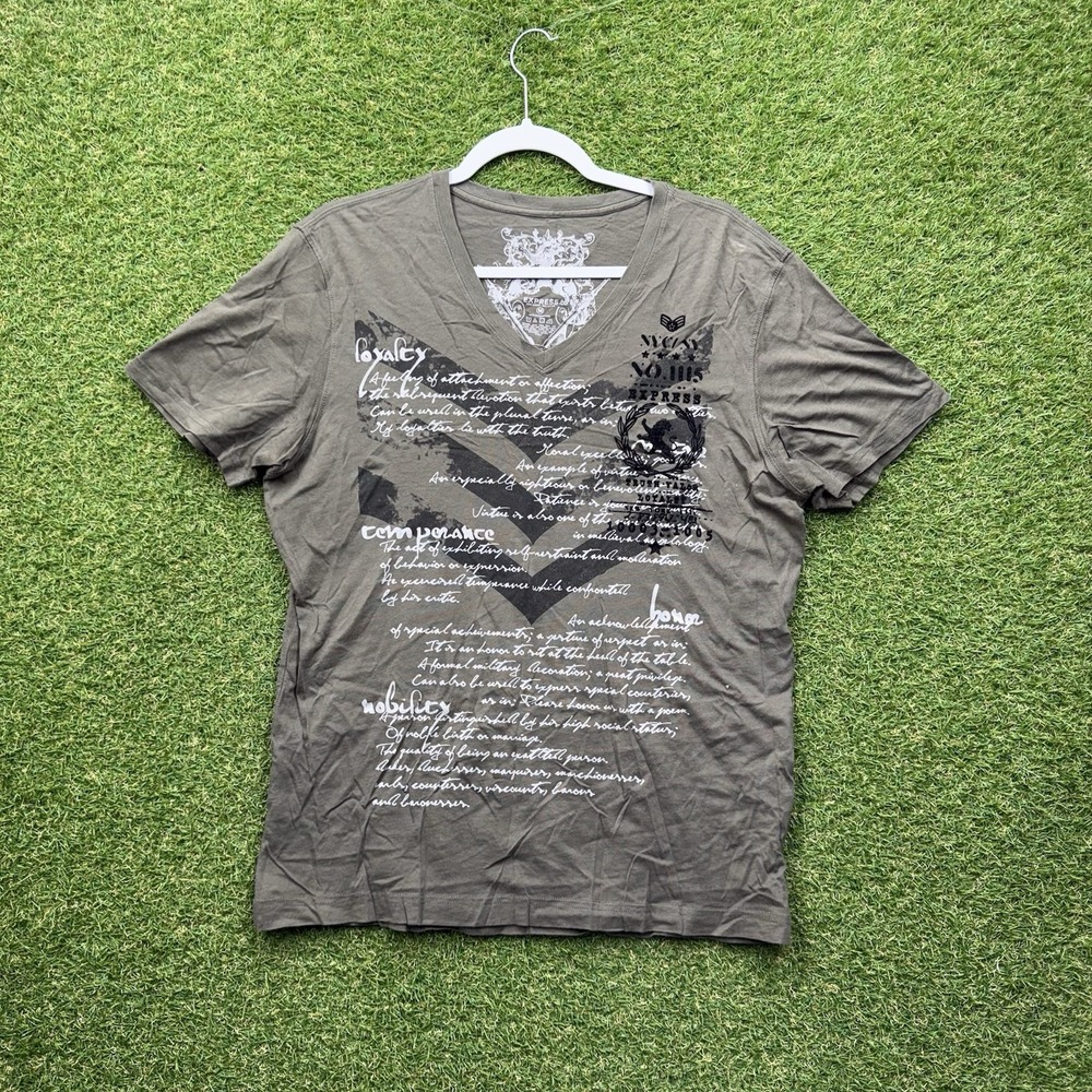Y2K Express Shirt Mens Medium Renegades New York V-Neck Script Grunge Green